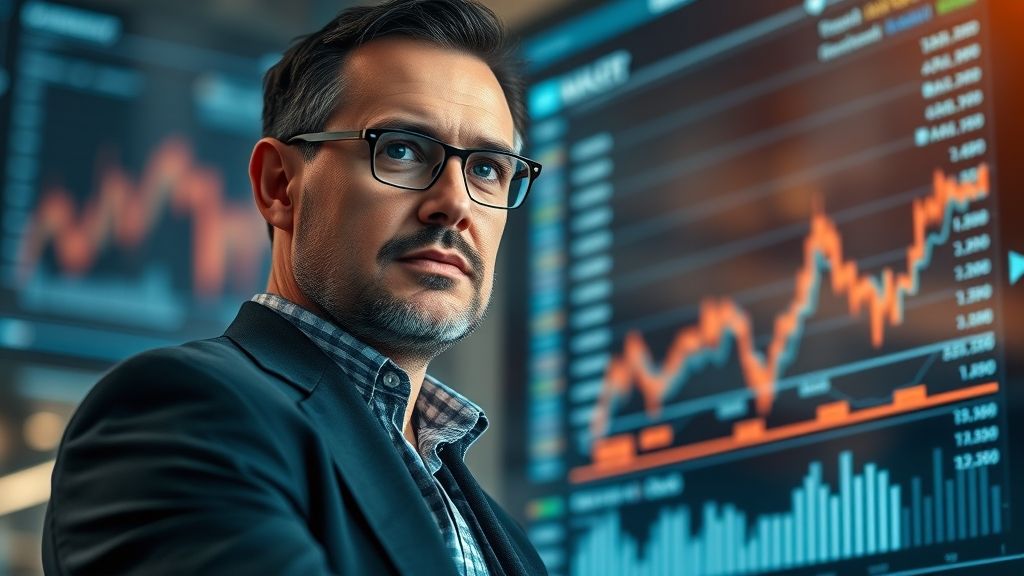 Analista observando gráficas bursátiles fusionándose con IA. Futuro de IA predicciones bolsa en Wall Street.