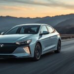Hyundai Ioniq 9 eléctrico en carretera al atardecer. Diseño futurista y faros LED. Quizás con inteligencia artificial.