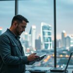 Trabajador colaborando con un agente de inteligencia artificial holográfico en proyecto, ciudad futurista de fondo.