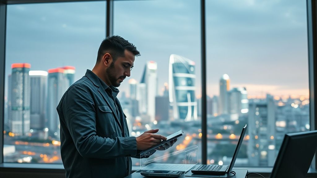 Trabajador colaborando con un agente de inteligencia artificial holográfico en proyecto, ciudad futurista de fondo.