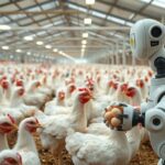 Granja avícola moderna: gallinas sanas, sensores y robot recolector de huevos. Uso de IA en granjas avícolas.