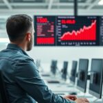 Trabajador desolado frente a pantalla con gráficos de IA, representando despidos por inteligencia artificial.