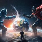 Dos guerreros robóticos colosales, uno representando la IA libre y el otro la IA privada, luchan sobre la Tierra mientras un humano los observa desde la superficie lunar, simbolizando el conflicto global entre modelos abiertos y cerrados de inteligencia artificial.