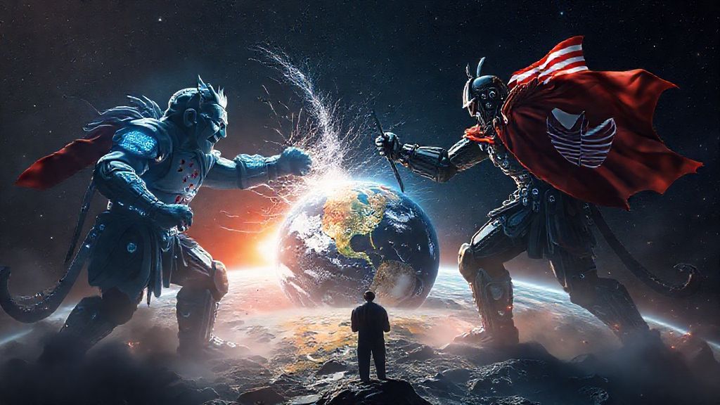 Dos guerreros robóticos colosales, uno representando la IA libre y el otro la IA privada, luchan sobre la Tierra mientras un humano los observa desde la superficie lunar, simbolizando el conflicto global entre modelos abiertos y cerrados de inteligencia artificial.