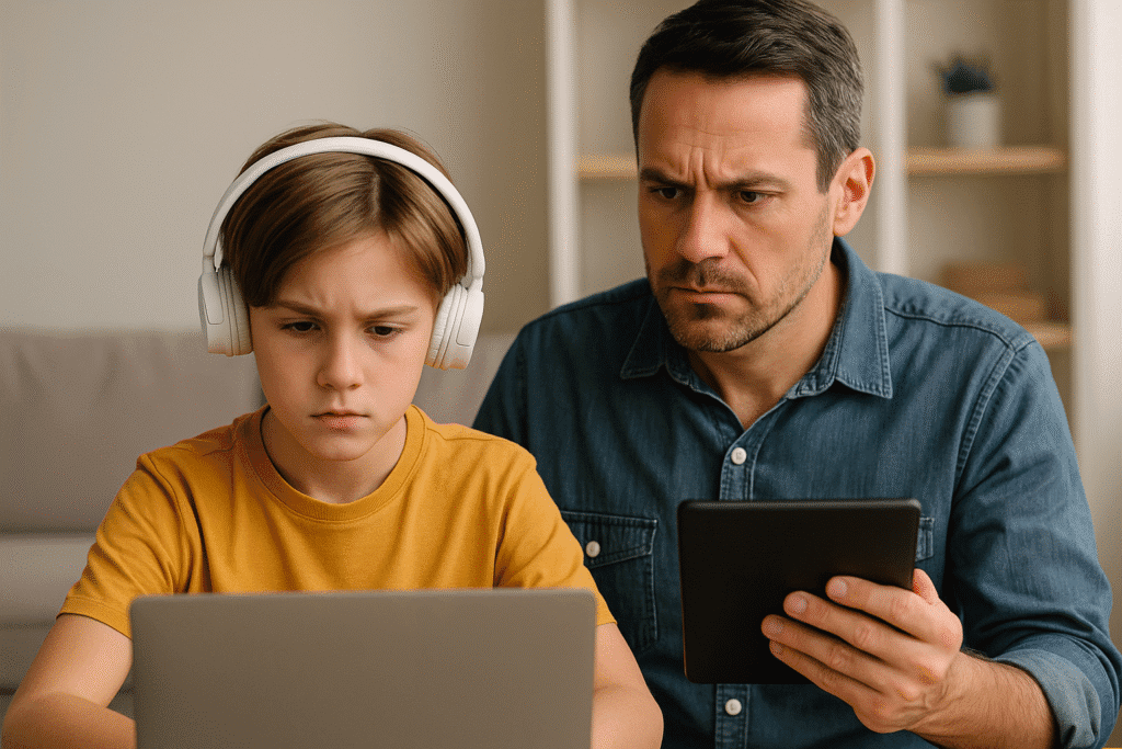 Padre e hijo usando dispositivos electrónicos; el niño lleva auriculares y trabaja en una laptop, mientras el padre observa con atención sosteniendo una tablet, ilustrando la importancia del control parental ChatGPT.