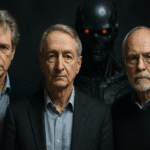 Tres de los pioneros de la inteligencia artificial posan con expresiones serias frente a un fondo oscuro, mientras una figura robótica con ojos rojos resalta detrás de ellos, simbolizando los peligros de la inteligencia artificial y el temor a una IA incontrolable.