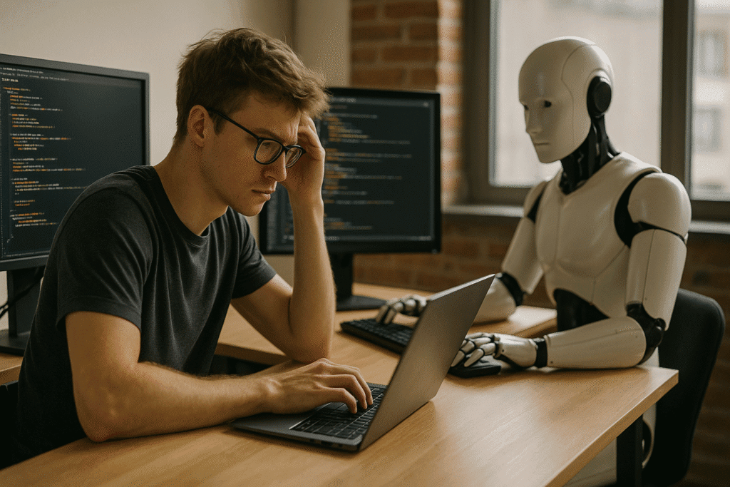 Programador junior frente a una laptop, trabajando junto a un robot humanoide en una oficina tecnológica, simbolizando el impacto de la IA en el desarrollo de software.