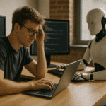 Programador junior frente a una laptop, trabajando junto a un robot humanoide en una oficina tecnológica, simbolizando el impacto de la IA en el desarrollo de software.