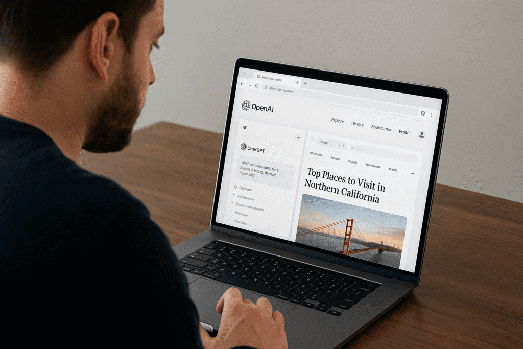 Hombre utilizando un portátil para explorar ChatGPT Atlas, el nuevo navegador de OpenAI, con una página abierta sobre lugares para visitar en el norte de California.
