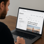 Hombre utilizando un portátil para explorar ChatGPT Atlas, el nuevo navegador de OpenAI, con una página abierta sobre lugares para visitar en el norte de California.