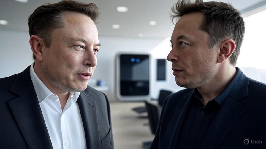 Elon Musk en una conversación seria con una versión digital de sí mismo, simbolizando su influencia en el desarrollo de la inteligencia artificial y el liderazgo en xAI.