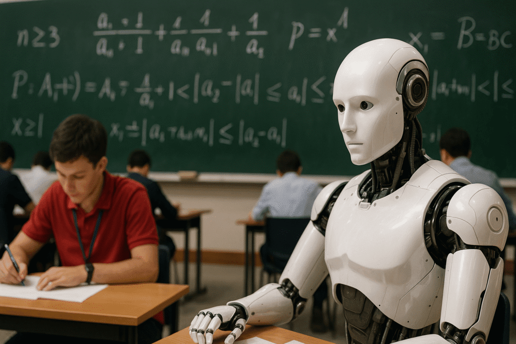 Robot humanoide sentado en un aula junto a estudiantes humanos, participando en una competencia matemática, con una pizarra llena de fórmulas al fondo, simbolizando la posible presencia de la IA en las Olimpiadas de Matemáticas.