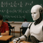 Robot humanoide sentado en un aula junto a estudiantes humanos, participando en una competencia matemática, con una pizarra llena de fórmulas al fondo, simbolizando la posible presencia de la IA en las Olimpiadas de Matemáticas.