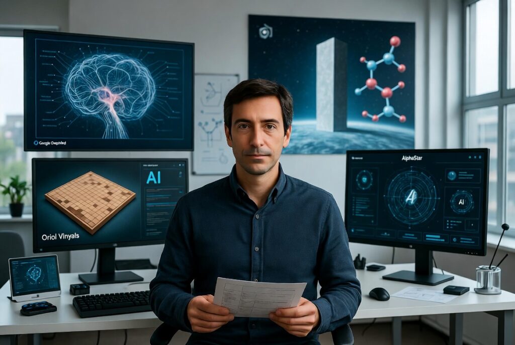 Oriol Vinyals en una oficina tecnológica rodeado de pantallas con visualizaciones de inteligencia artificial, AlphaStar y DeepMind, representando su papel clave en el desarrollo de la inteligencia artificial en Google.