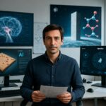 Oriol Vinyals en una oficina tecnológica rodeado de pantallas con visualizaciones de inteligencia artificial, AlphaStar y DeepMind, representando su papel clave en el desarrollo de la inteligencia artificial en Google.