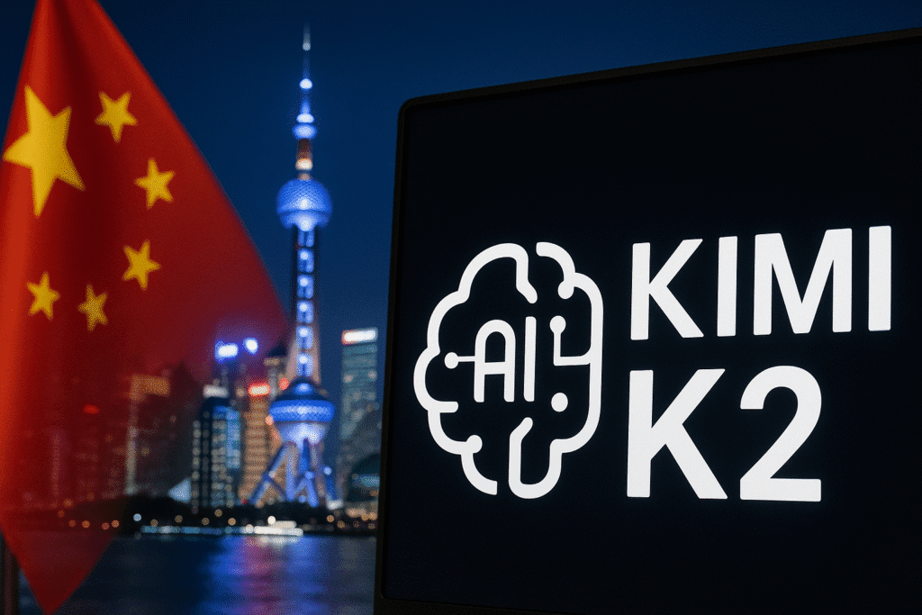 Bandera de China ondeando frente al skyline nocturno de Shanghái, con la Torre de la Perla Oriental iluminada y una pantalla que muestra el logotipo de Kimi K2, un avanzado modelo de IA China.