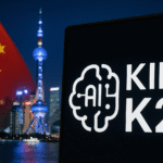 Bandera de China ondeando frente al skyline nocturno de Shanghái, con la Torre de la Perla Oriental iluminada y una pantalla que muestra el logotipo de Kimi K2, un avanzado modelo de IA China.