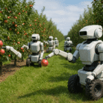Robots autónomos cosechando manzanas en un huerto mediante inteligencia artificial, representando el avance de los robots en la agricultura.