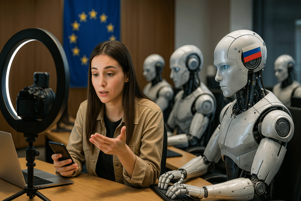 Influencer graba un video frente a una cámara, rodeada de androides con banderas de Rusia y la Unión Europea, simbolizando la lucha de la UE contra la desinformación con inteligencia artificial.