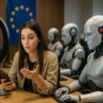 Influencer graba un video frente a una cámara, rodeada de androides con banderas de Rusia y la Unión Europea, simbolizando la lucha de la UE contra la desinformación con inteligencia artificial.
