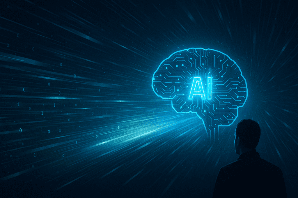 Ilustración digital de un hombre observando un cerebro artificial iluminado con circuitos y la palabra "AI", representando el desarrollo rápido de la IA y su impacto tecnológico y social.