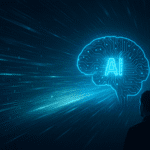 Ilustración digital de un hombre observando un cerebro artificial iluminado con circuitos y la palabra "AI", representando el desarrollo rápido de la IA y su impacto tecnológico y social.