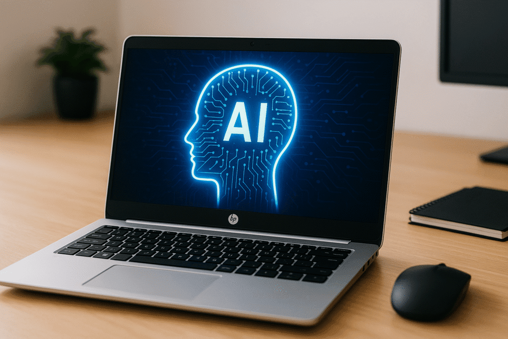 Ordenador portátil HP sobre un escritorio con una ilustración de inteligencia artificial en la pantalla, destacando el concepto de "HP inteligencia artificial".