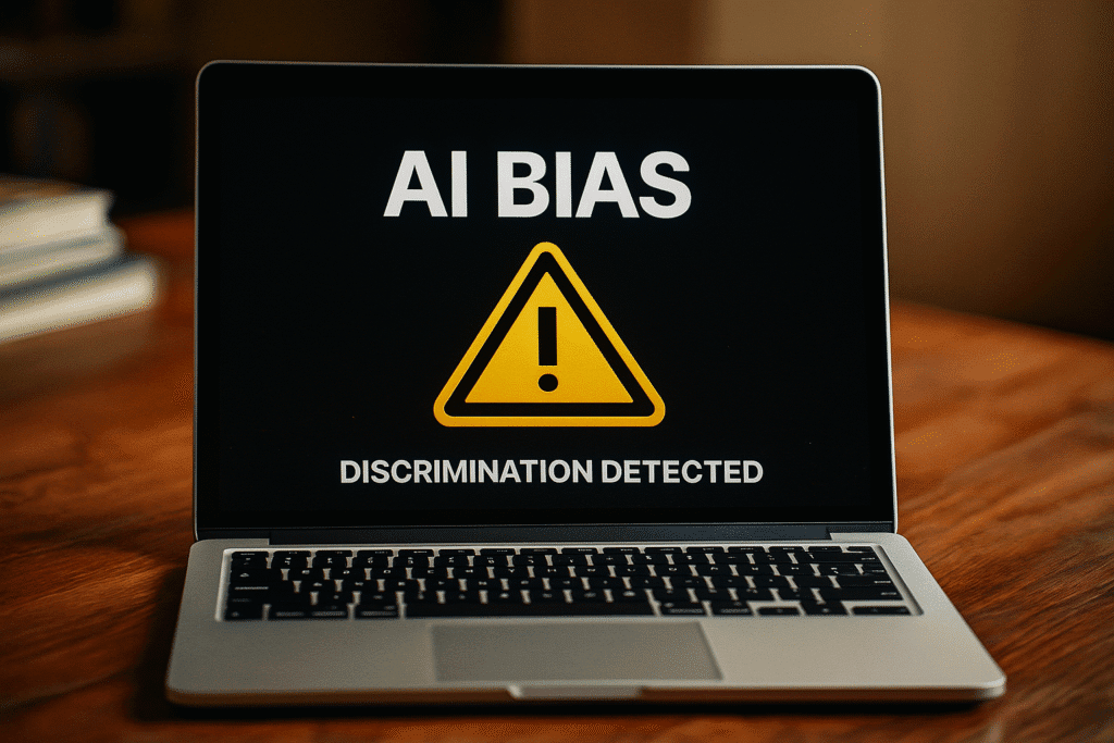 Ordenador portátil con advertencia en pantalla que dice "AI BIAS - Discrimination Detected", ilustrando los riesgos de sesgos en la inteligencia artificial y la necesidad de equidad algorítmica.