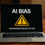 Ordenador portátil con advertencia en pantalla que dice "AI BIAS - Discrimination Detected", ilustrando los riesgos de sesgos en la inteligencia artificial y la necesidad de equidad algorítmica.
