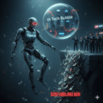 Representación conceptual de la crisis financiera de OpenAI: un robot con el logo de OpenAI se tambalea al borde de un precipicio lleno de billetes cayendo, mientras que en la cima ejecutivos (aludiendo a HSBC y Sam Altman) apuntan hacia una gran burbuja de cristal que contiene una ciudad de rascacielos. La burbuja lleva la inscripción 'IA Tech Bubble' y en el fondo del precipicio se lee la cifra '207.000 millones de dólares', destacando la necesidad de financiación de la compañía según el informe de HSBC