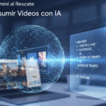 Representación futurista de la inteligencia artificial de Gemini utilizada para resumir vídeos con inteligencia artificial, mostrando un globo digital con íconos de video y una interfaz holográfica, sobre un fondo con laptops y pantallas.