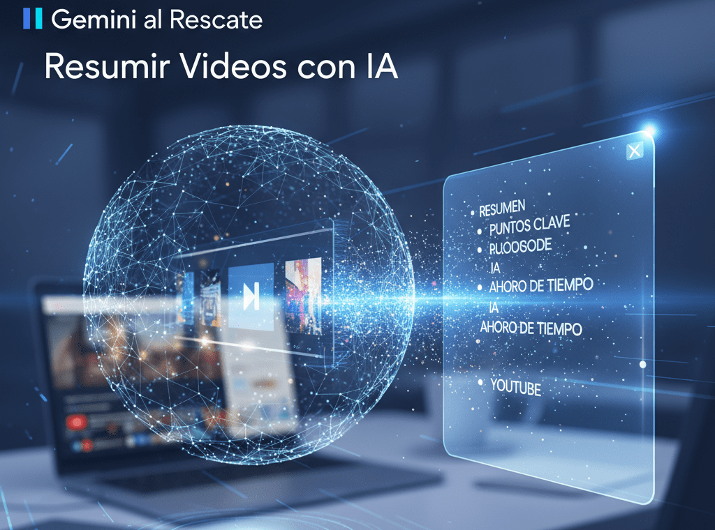 Representación futurista de la inteligencia artificial de Gemini utilizada para resumir vídeos con inteligencia artificial, mostrando un globo digital con íconos de video y una interfaz holográfica, sobre un fondo con laptops y pantallas.
