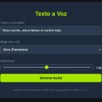 Interfaz de la aplicación online de Texto a Voz con IA gratis y sin registro, mostrando el campo de texto, selector de voces y botón de generar audio en modo oscuro.