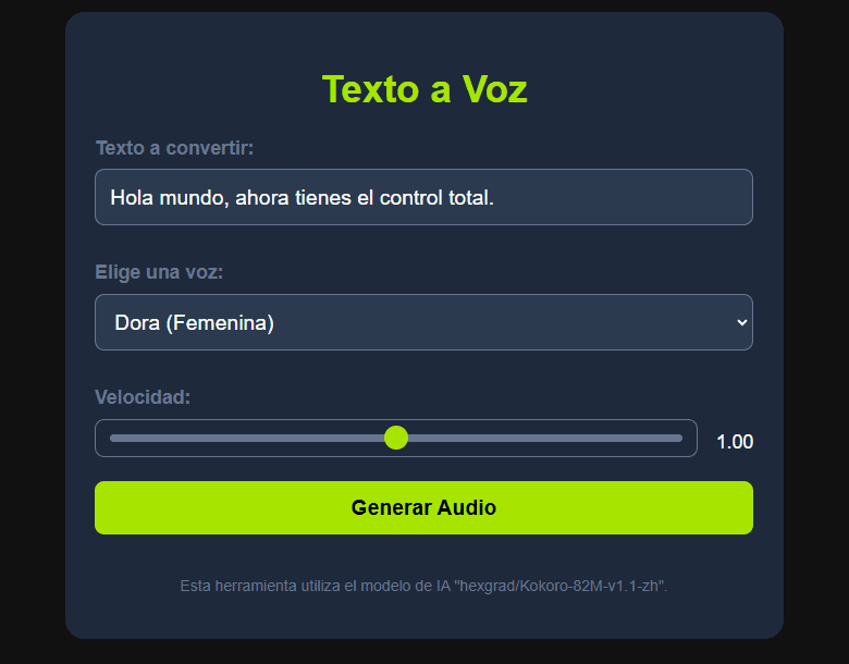 Interfaz de la aplicación online de Texto a Voz con IA gratis y sin registro, mostrando el campo de texto, selector de voces y botón de generar audio en modo oscuro.