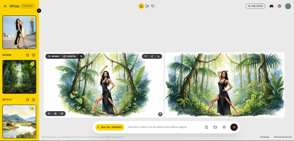 Captura de pantalla del generador visual Whisk de Google, donde se muestra el proceso de transformación de una modelo en un entorno urbano a una ilustración de acuarela ambientada en la selva tropical. La imagen presenta una comparación lado a lado del resultado, con la modelo integrada de forma coherente en un escenario selvático artístico, resaltando la capacidad de fusión visual de la Whisk app de Google gratis.