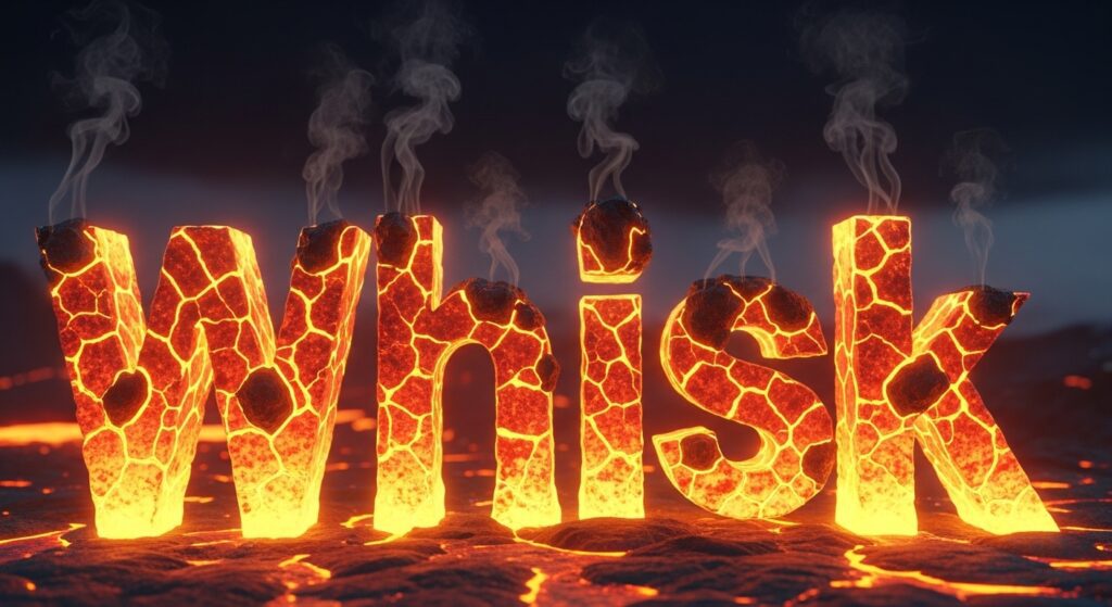 Logo de la palabra “Whisk” con textura de lava ardiente y grietas brillantes, emitiendo humo, simbolizando el poder creativo de la app Whisk de Google.