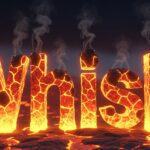 Logo de la palabra “Whisk” con textura de lava ardiente y grietas brillantes, emitiendo humo, simbolizando el poder creativo de la app Whisk de Google.
