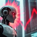 Robot preocupado viendo desplome bursátil por la burbuja de la inteligencia artificial en Seúl.