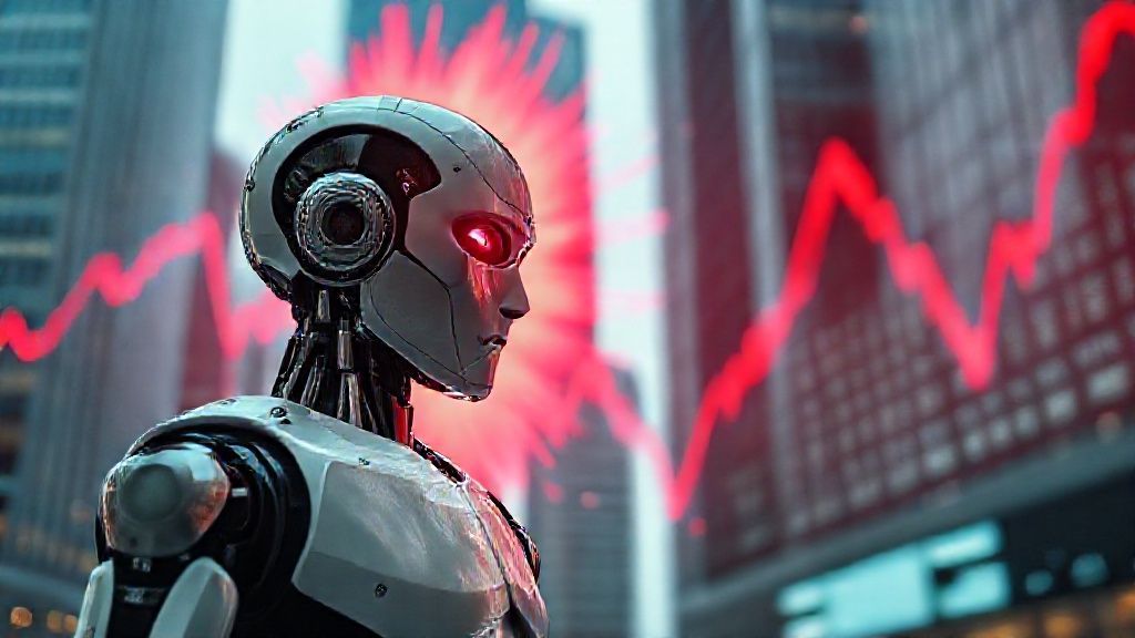 Robot preocupado viendo desplome bursátil por la burbuja de la inteligencia artificial en Seúl.