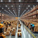 Almacén Amazon Black Friday España: robots y empleados en plena actividad logística.