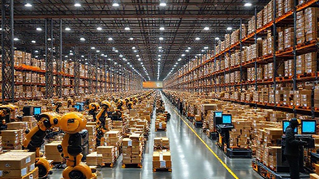 Almacén Amazon Black Friday España: robots y empleados en plena actividad logística.