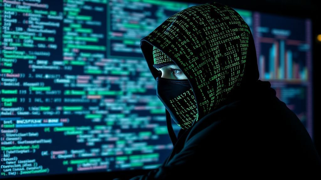 Hacker encapuchado con código binario, representando los riesgos de la inteligencia artificial en ciberseguridad.
