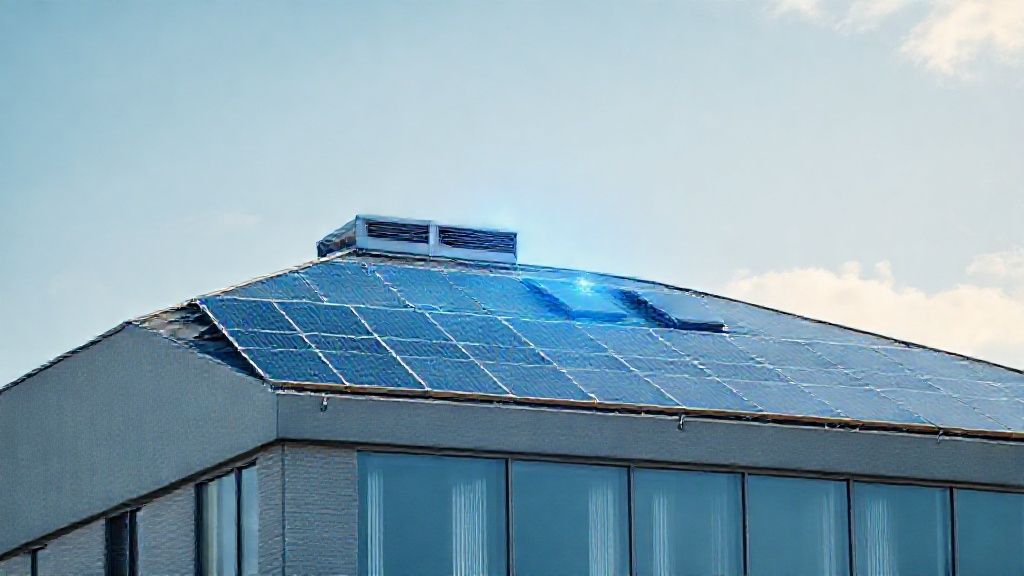Edificio con paneles solares y visualización digital del consumo energético. IA y eficiencia energética en acción.