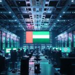 Centro de datos futurista en EAU con servidores, consolas holográficas, Microsoft y OpenAI, ilustrando inversiones en inteligencia artificial.