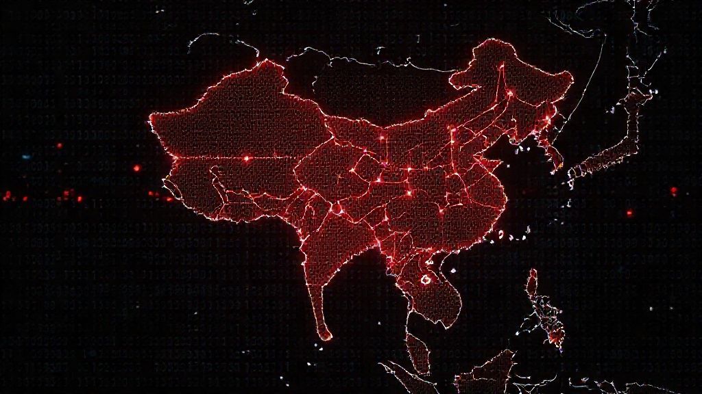Mapa digital de Sudamérica con líneas rojas representando ciberespionaje chino en Sudamérica, sobre fondo de código binario.