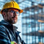 Ingeniero observando holograma de edificio con sensores, mostrando el uso de IA en la construcción.