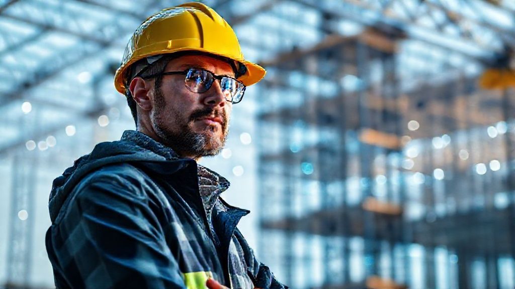 Ingeniero observando holograma de edificio con sensores, mostrando el uso de IA en la construcción.