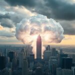 Ciudad con burbuja de la inteligencia artificial a punto de estallar sobre rascacielos.