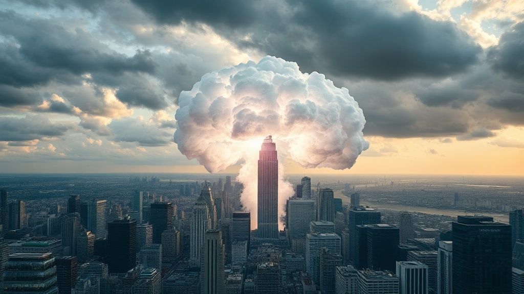 Ciudad con burbuja de la inteligencia artificial a punto de estallar sobre rascacielos.