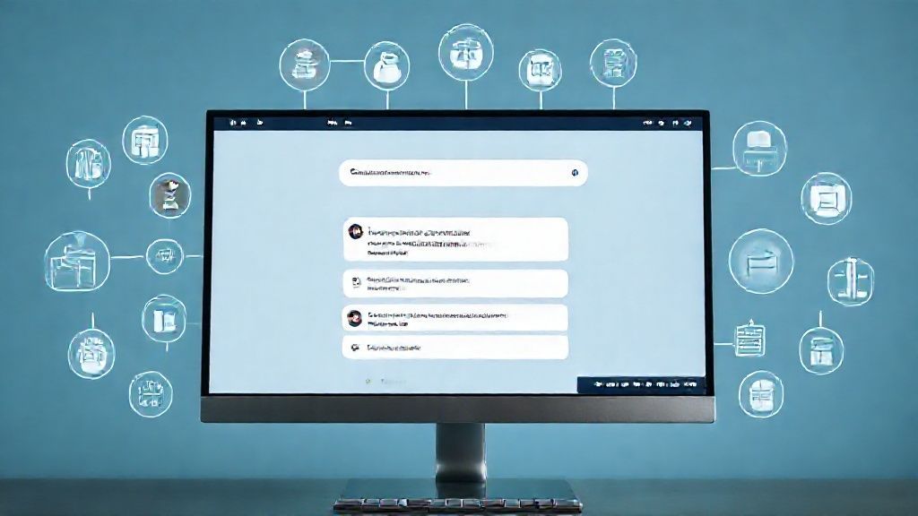 Interfaz de búsqueda con IA en los buscadores respondiendo a consulta, iconos SEO y datos.